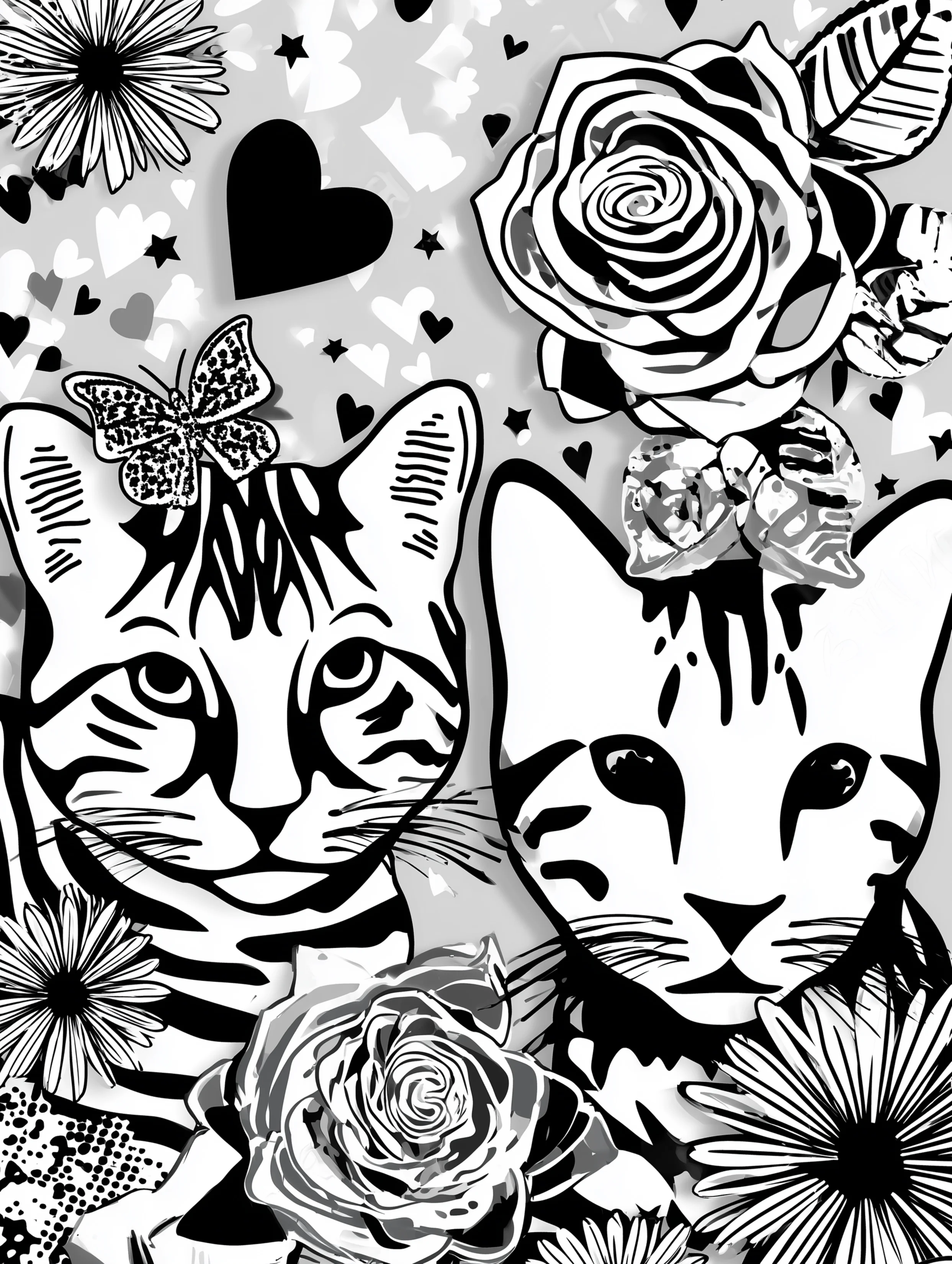 Free printable cats coloring page featuring two cats together